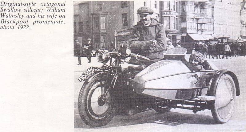 Original-style octagonal Swallow Sidecar; William Walmsley and his wife on Blackpool promenade, about 1922.